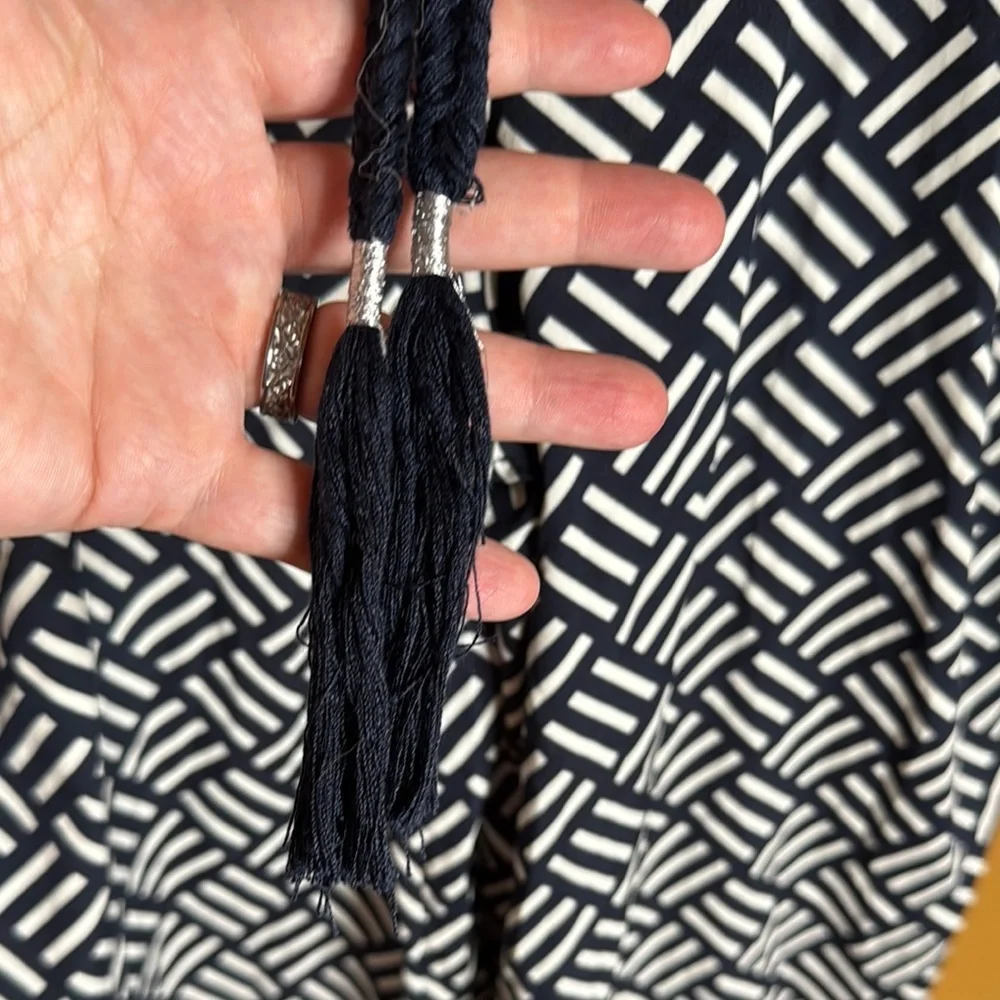 Zara Trafaluc Navy White Geometric Wide Leg Pants Tassel Tie Size Small